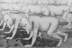 Eco-financial segregation / People-boars, pencil drawing and garbage collage on paper, 150x110cm, 2020