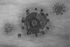 Virus, pencil drawing and garbage collage on paper, 70x50cm, 2021