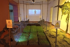 Instalacija sa kukuruzom, pšenicom i sojom okružena bodljikavom žicom, električnom ogradom. Oko “vrta” je otpad , sa nadzorna kamera i animacija "Čuvar", UK Parobrod, Beograd, 2025.